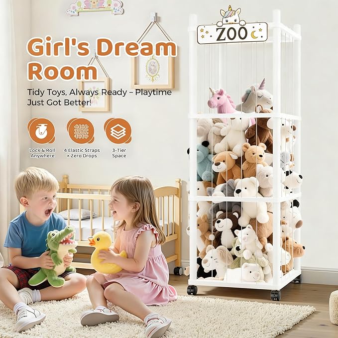 Stuffed Animal Storage Zoo Tower,56In Wooden Large Stuffed Animal Holder Organizer with Wheels,Stuffy Plushies Storage with E