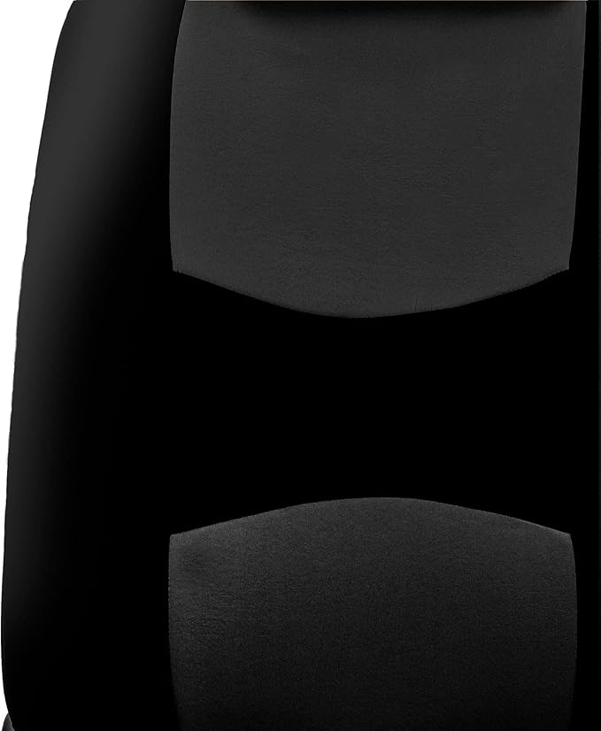 FH Group Car Seat Covers Flat Cloth Automotive Black Full Set, Rear Solid Bench Universal Fit Combo Steering Wheel Cover & Seat Belt Pads Car Seat Protector for Cars Trucks SUV Interior Accessories