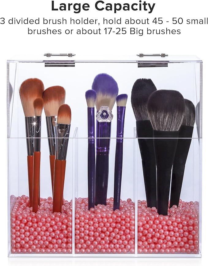 Acrylic Makeup Brush Holder with Lid - Clear Cosmetic Makeup Brush Organizer and Storage Box with Cover for Vanity - Large Ca
