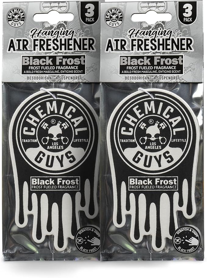 Chemical Guys Hanging Air Freshener, Black Frost Scent 6 Pack, Great for Cars, Trucks, SUVs, RVs, Home, Garage, Workspace, Do