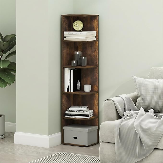 Furinno PASIR Book Shelf, 5-Tier Corner Bookshelf with Open Shelf, Standing Bookcase, 9.3 x 12 x 51.7, for Organization and S