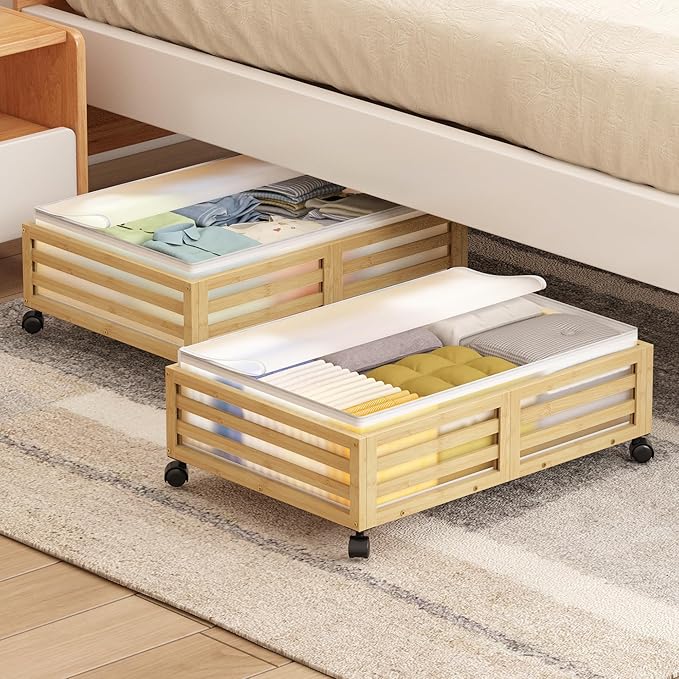 Under Bed Storage Containers With Wheels - 2 Pcs Bamboo Wood Rolling Underbed Shoe Storage Bins With Dust Bags for Clothes Bl