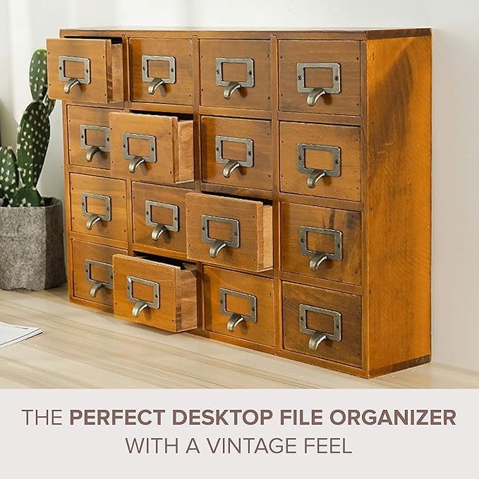 Card Catalog Desk Drawer Organizer - Wooden Storage Box with 16 Drawers - Home Office Desk Organizer Curio Cabinet - Rustic D