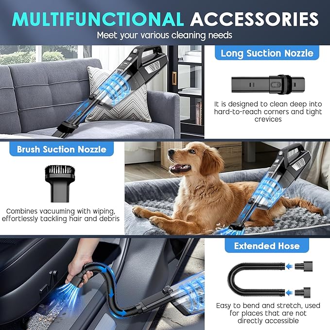 Handheld Vacuum Cordless, 15000PA Strong Suction Hand Held Car Vacuum Cleaner Portable with Multi-Nozzles & Washable Filter, 