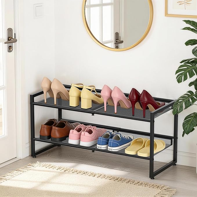 Expandable Shoe Rack, 2 Tier Adjustable Shoe Organizer with Flat & Slant Dual Use Design, Space Saving Shoes Stand for Closet