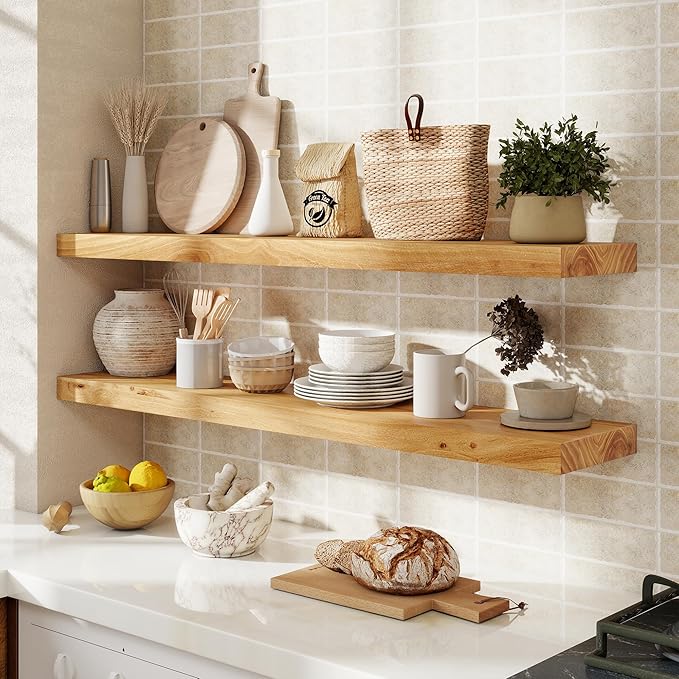 fuqing Floating Shelves for Wall, 40 inch Rustic Solid Elm Wood Floating Shelves, Wooden Wall Shelves with Invisible Heavy Du