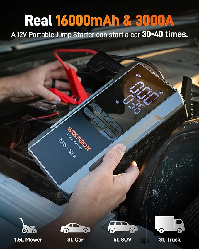 WOLFBOX 3000A Jump Starter with Air Compressor, 59.2Wh&160PSI Portable Car Battery Jump Starter with 65W Fast Charge, 12V