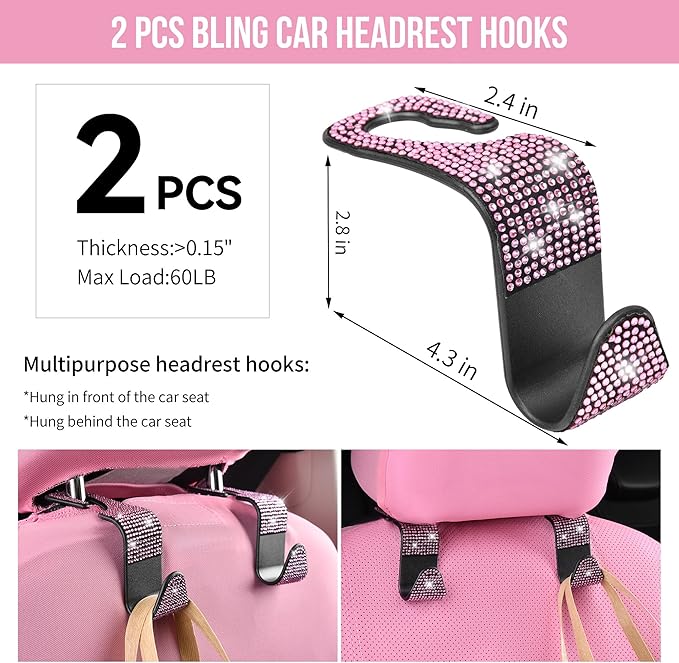 CAR PASS Bling Pink Car Accessories Set for Women, Sparkly Rhinestone Diamond Steering Wheel Cover Seat Belt Cushion Glitter 