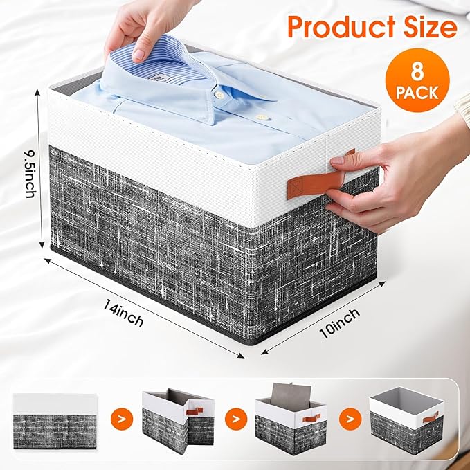 Fab totes Collapsible Storage Baskets for Shelves,14"x10", 8 Pack Foldable Fabric Storage Bins with Double Leather Handles, L