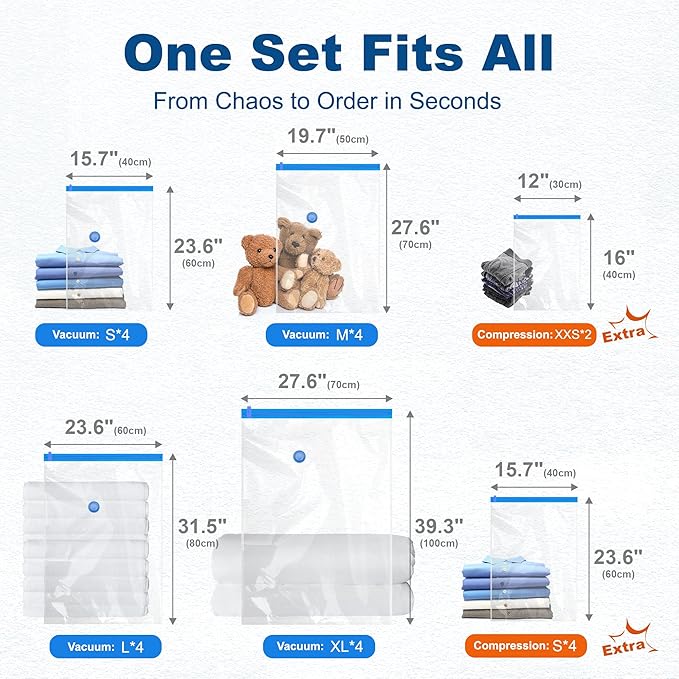 HOUSE DAY 22 Pack Vacuum Storage Bags with Pump,Space Saving Vacuum Seal Bags For Clothing Travel,4 Jumbo/4 Large/4 Medium/4 