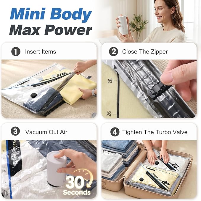 Vacuum Seal Bags for Clothing Travel with Rechargeable Electric Pump, Space Saver Vacuum Storage Bags Travel, Reusable Compre