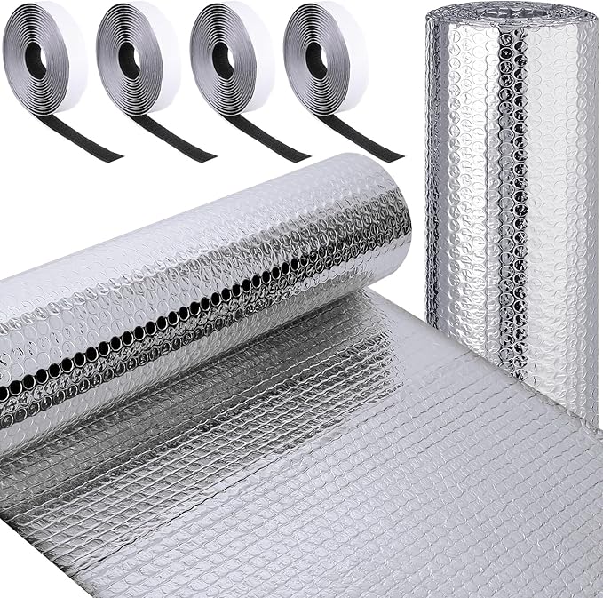 Frienda Rv Window Reflective Insulation Roll 47.2inch*50ft Double Aluminum Foil Heat Bubble Thermal Window Shade Door Cover Blackout for Garage Roof Travel Camper Skylight Shield
