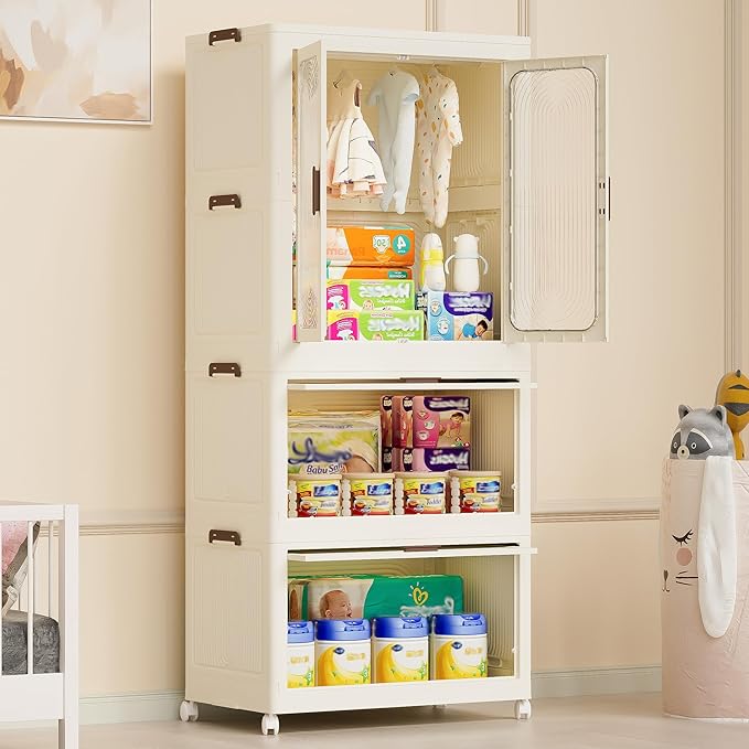 Portable Closet Wardrobe with Magnetic Doors, Foldable Armoire Wardrobe Closet with Hanging Rod, 4 Cubes and 10 Hangers, Free
