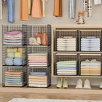 4-Tier Stackable Closet Organizers and Storage Basket, Shelves with Wood Top, Foldable Clothes Storage Bin/Cube Drawer Organi