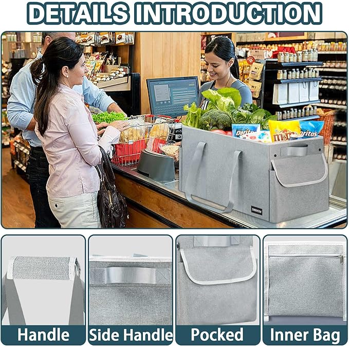 Standing Extra Large Utility Tote Bag with Hard Bottom & Hard Sides, Heavy Duty Reusable Grocery Bags with Handles & 3 Pockets for Shopping, Beach, Picnics, Car (22.5"x11"x12", Grey)