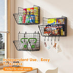 X-cosrack Metal Wire Basket Wall Mount, 3 Tier Wall Storage Organizer with 5 S Hooks, Kitchen Fruits and Vegetables Bin Toys 