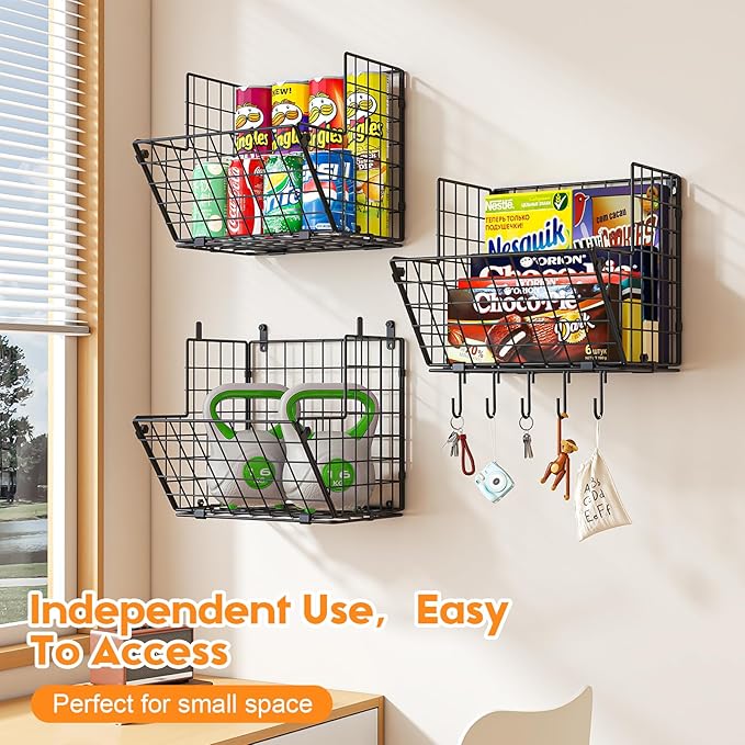 X-cosrack Metal Wire Basket Wall Mount, 3 Tier Wall Storage Organizer with 5 S Hooks, Kitchen Fruits and Vegetables Bin Toys 