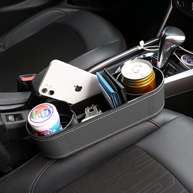 Car Seat Organizer Cup Drink Holders,Multifunctional Gap Filler Storage Box,Insert Organization Helps Reduce Distracted Driving&Holds Phone Mount Mug Bottle Cellphones Coasters Wallet Cards (Gray)