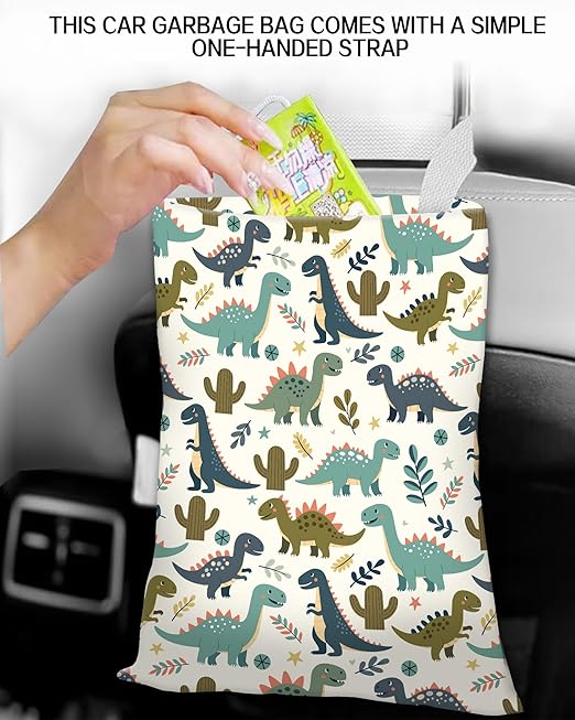 Car Trash Can, Durable Hanging Car Trash Garbage Bag, Cute Automotive Garbage Cans Organizer, Cute Green Dinosaur