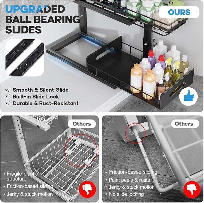 Under Sink Organizer Upgrade To Professional Rails,2-Tier Dual Pull Out Cabinet Storage,Height Adjustable Slide Out Drawers F