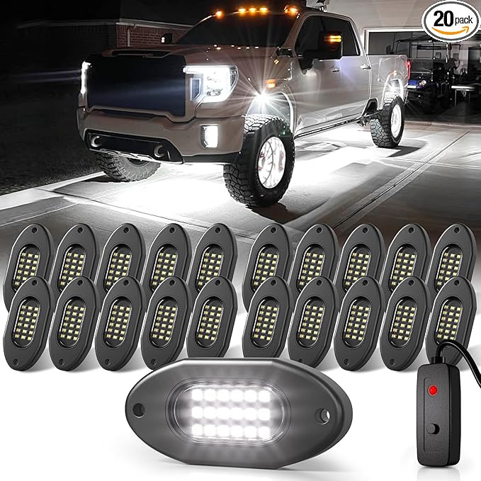 Honalia Pure White Rock Lights for Trucks 20 Pods, 6000K White LED Rock Lights Kits with Switch