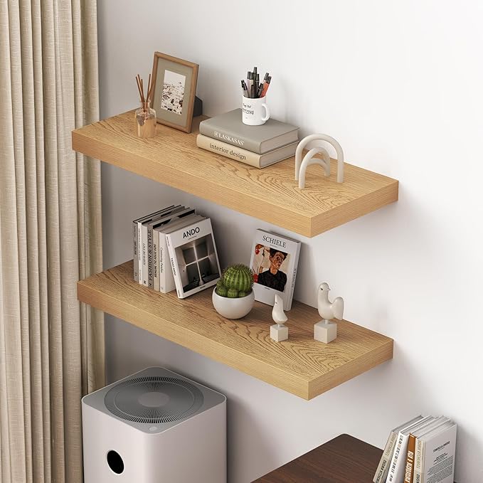 Dreamland 36" Floating Shelves for Wall, 12" Deep Thicker Oak Floating Shelves, Wall-Mounted Shelves for Bedroom, Living Room