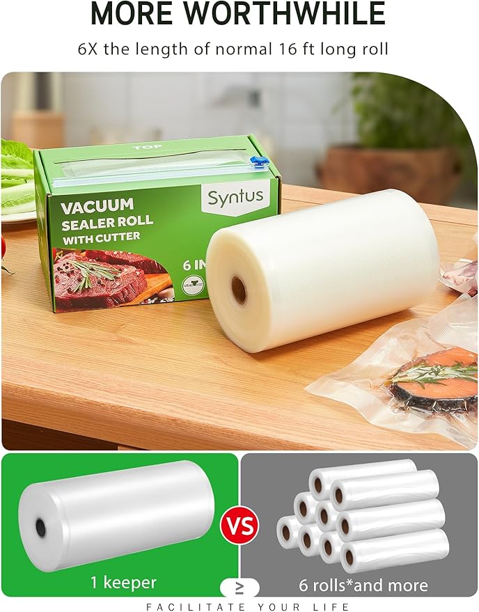 Syntus 6" x 100' Food Vacuum Seal Roll Keeper with Cutter Dispenser, Commercial Grade Vacuum Sealer Bag Rolls, BPA Free Food 