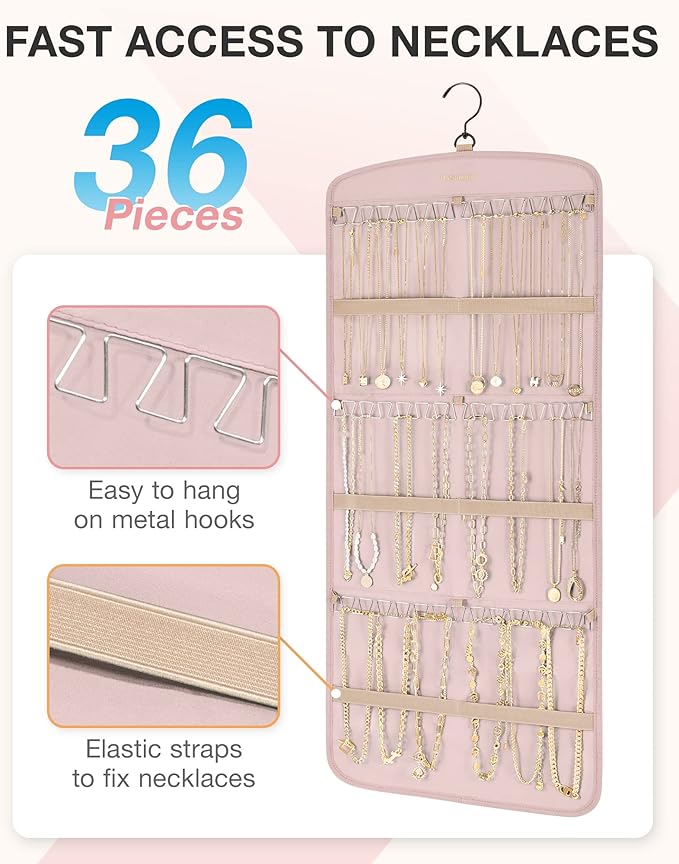 BAGSMART Hanging Jewelry Organizer, Necklace Holder Anti-tangle Earrings Rings Hanger with 20 Jewelry Bags Travel Storage Rol