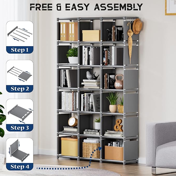 Mavivegue Bookshelf,18 Cube Storage Organizer,Extra Large Book Organizer,Tall Bookcase Shelf,Book Cases/Shelves,Grey Cube She