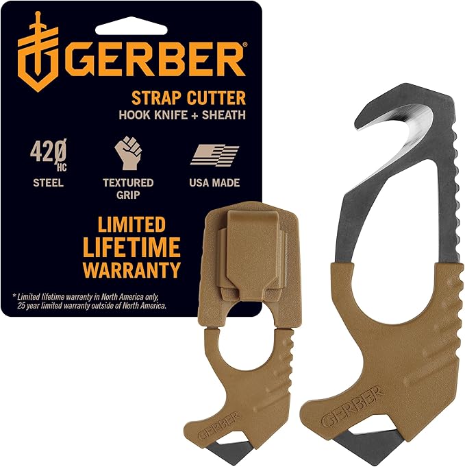 Gerber Gear Seatbelt Strap Cutter Escape Tool with Lanyard Hole and Glass Breaker, Made in USA, Coyote Brown, 5 x 2.5 x 1 inc