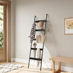 ELYKEN Blanket Ladder for Living Room, Farmhouse 5-Tier Quilt Holder with 4 Removable Hooks for Bathroom, Wood Towel Rack Dis