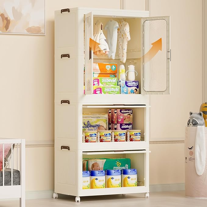 Portable Wardrobe Closet Storage Organizer with Magnetic Doors, 4 Cubes & Hanging Rod, Foldable Closet for Baby Clothes, Toys