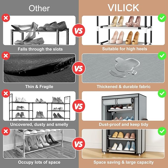 VILICK Shoe Rack with Cover Narrow Shoe Rack Organizer with 4 Side Pockets 10 Tier Tall Shoe Storage Shoe Shelf Holds 18-22 P