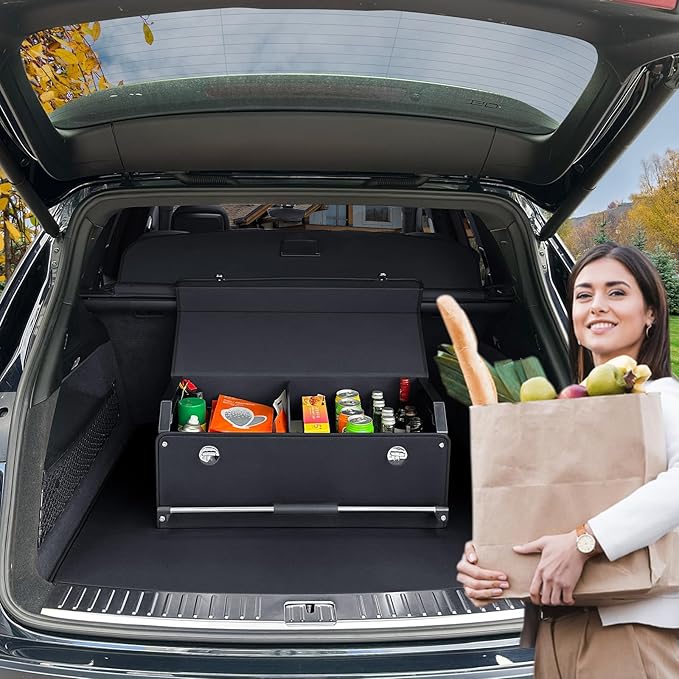 XCF Car Organizer Trunk, Durable Collapsible Leather Trunk Organizer with Lid and Sturdy Handle, Auto Cargo Storage Compartment