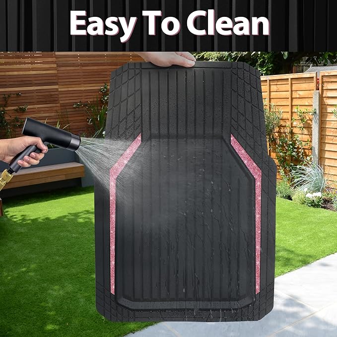 CAR PASS Pink Heavy Duty Rubber Floor Mats for Car, Waterproof Liner Deep Dish Bling Car Mats Full Sets, Universal Trim to Fit for SUV Truck Sedans Vans, All Weather Floor Mats, Pink Sparkly