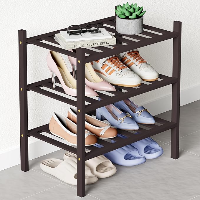 Smiry Bamboo Shoe Rack for Closet, 3 Tier Small Wooden Stackable Shoe Organizer, Free Standing Shoes Storage Shelf for Entryw