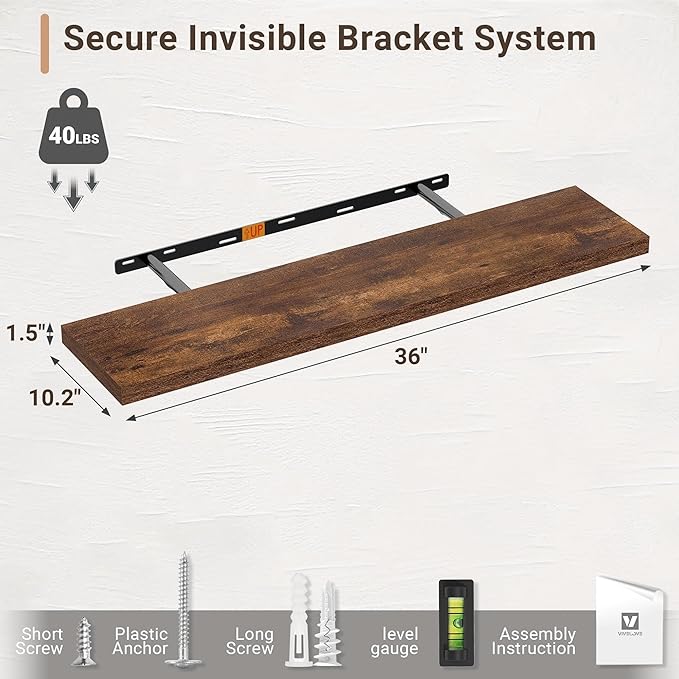 Vivelove 10 Inch Deep Floating Shelves 36 inch Long, 36 x 10 Wide Wall Shelves with Invisible Brackets, for Bedroom Bathroom 