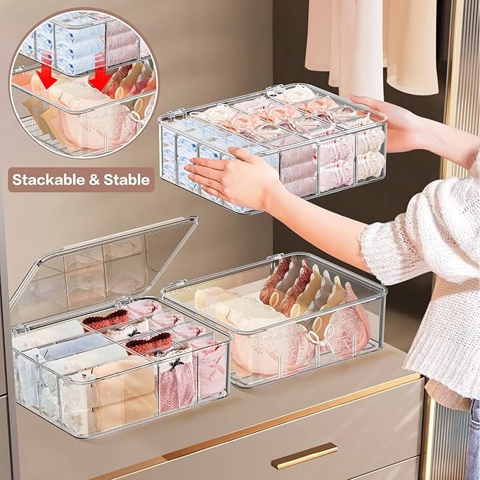 DILIBRA Socks Underwear Drawer Organizer for Closet, 16 Compartment Removable Divided Plastic Clear Sock Storage Box with Lid