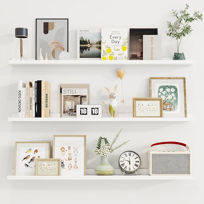 Axeman 40 Inch Floating Shelves | White Picture Ledge Shelf Set of 3 | Rustic Wood Wall Shelves with Lip | 40" White Picture 