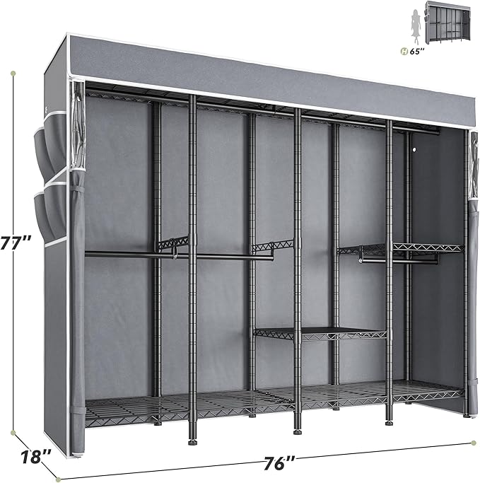 Raybee Clothes Rack with Cover,Clothing Rack for Hanging Clothes,Portable Closet,Adjustable,1150LBS,18" D x 76" W x 77" H,Bla