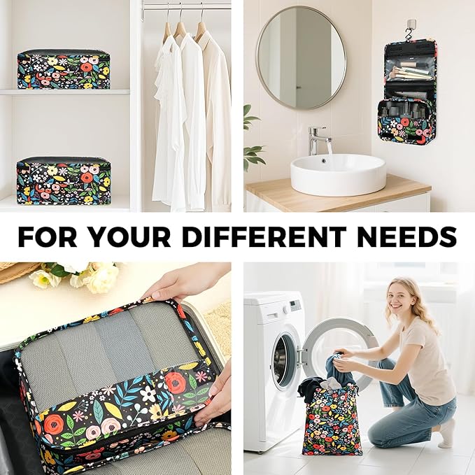 BAGAIL 9 Set Packing Cubes with Packing List Luggage Packing Organizers for Travel Accessories (Black floral)