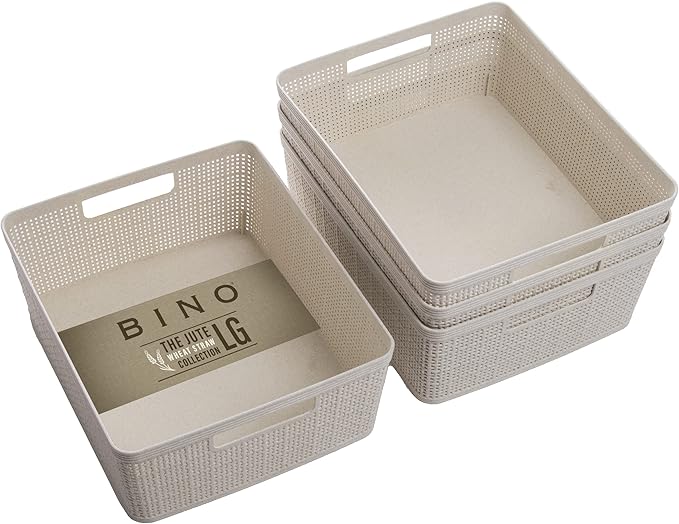 BINO - Woven Plastic Basket, Medium (Natural), 4-Pack, The Jute Collection, Home Organization, Space-Saving Storage, Stylish 
