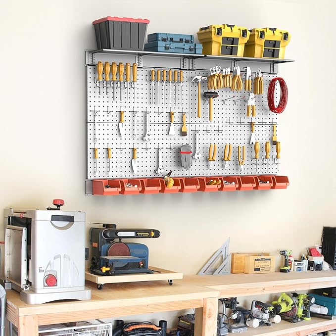TORACK Metal Pegboard with Peg Board Hooks, Tools Storage Pegboard with Pegboard Hooks, Wall Mounted Storage Bins, Shelves, T