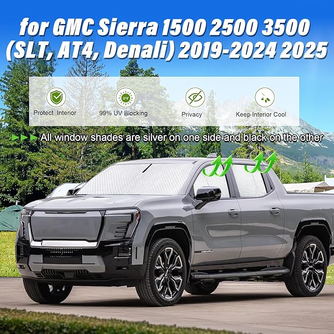 KMF 5pcs Thicken Sun Shades for GMC Sierra 2019-2025(1500 2500 3500) Accessories,Car Window Covers Sunshade for Windshield Side, Sun Visor UV Block and Blackout Privacy for Camping