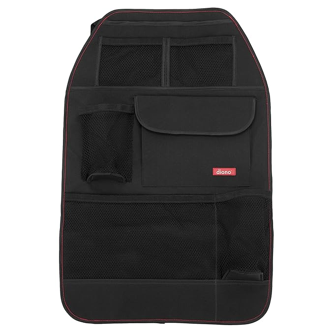 Diono Stow 'n Go Car Back Seat Organizer for Kids, Kick Mat Back Seat Protector, with 7 Storage Pockets, 2 Drinks Holders, Water Resistant, Durable Material, Black , 18x10x9 Inch (Pack of 1)