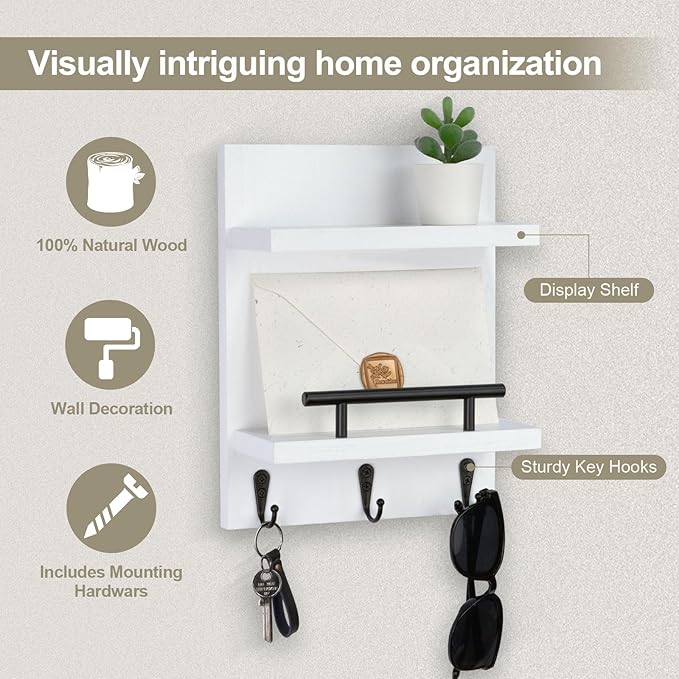 Key Holder Wall Mount, Mail Shelf Decor with 3 Key Hooks, Versatile Wood Wall Organizer for Entryway Hallway (8.2” x 10.6”x 3