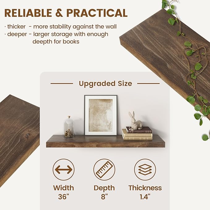 Elm Floating Shelves for Wall Decor, Rustic Solid Wood Shevles Wall Mounted with Invisible Bracket for Living Room Bathroom B