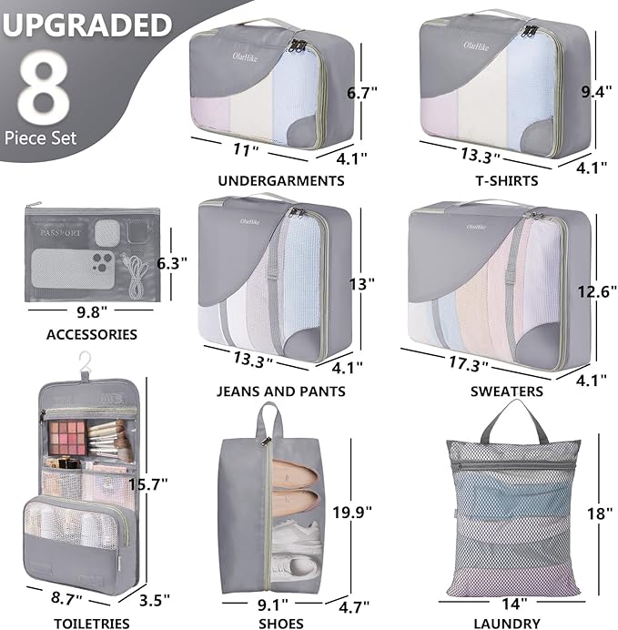 8 Set Packing Cubes for Travel, Gifts for Women Mom,Anti-Tearing Suitcase Organizer for Luggage with Shoe & Hanging Toiletry 