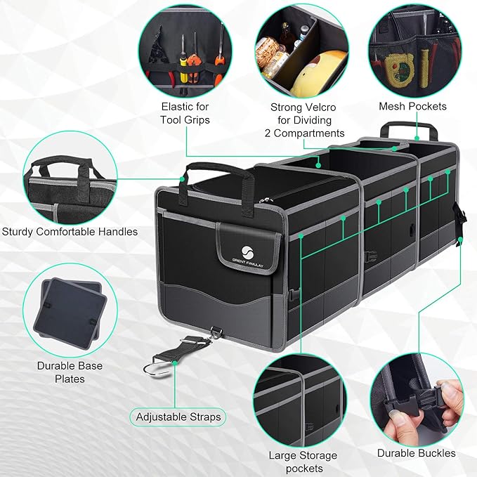 Trunk Organizer with Cooler, Collapsible Trunk Storage Container with Non Slip Bottom Strips, Large Multi-Compartment Waterproo