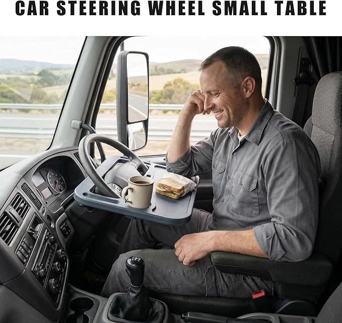 Steering Wheel Tray with Phone Slot & Drink Holder Suitable for Heavy-Duty Trucks/Trucks for Laptop use, Office Work and Meal Dining （Black）